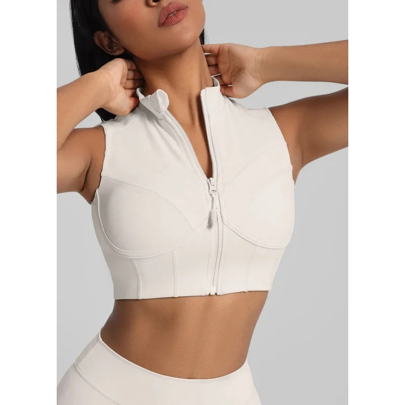 Zipper Sports Bra With Removable Chest Pads Push-Up Breathable Racerback Vest For Fitness Running Female Gym Clothes Woman
