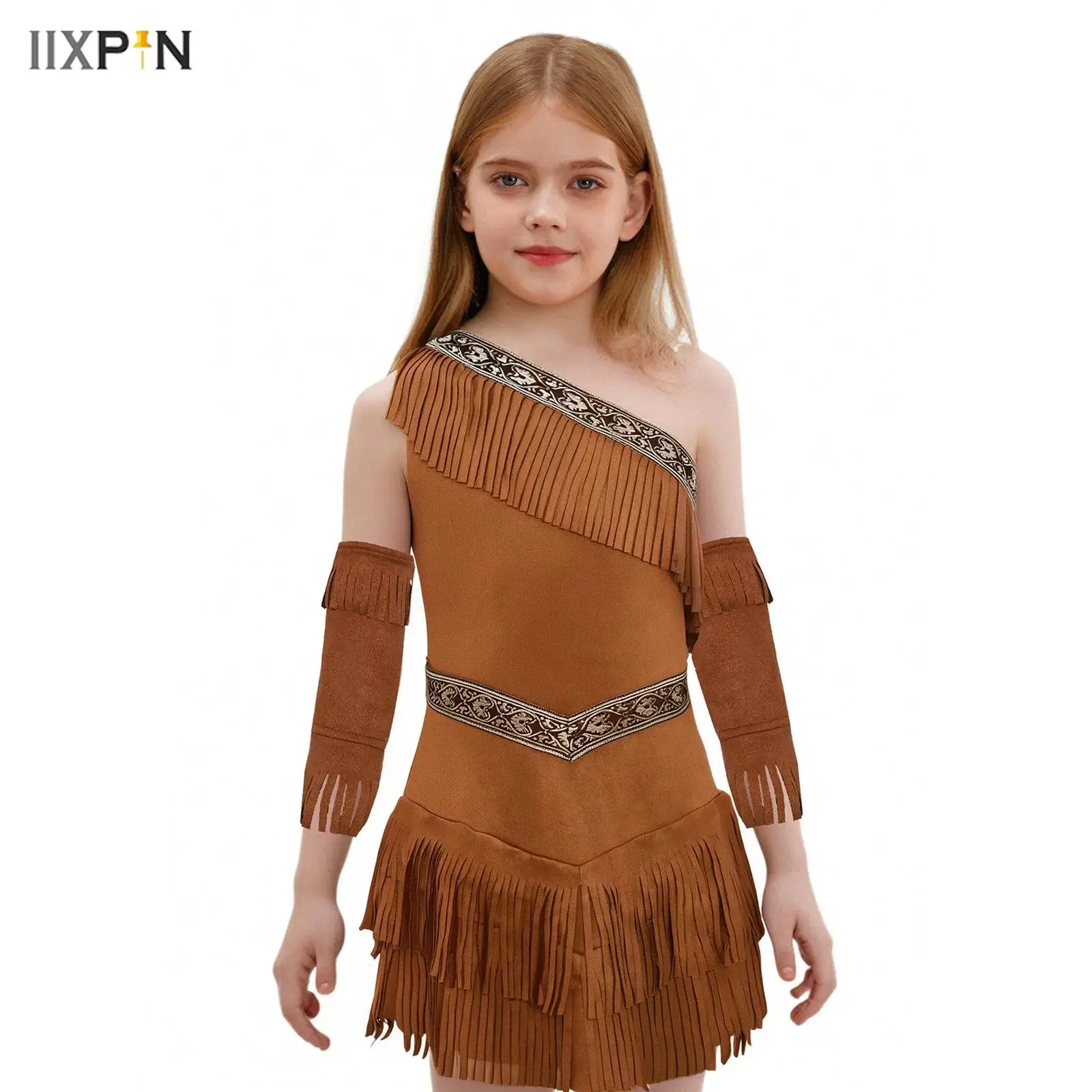 

Girls Native American Princess Cosplay Outfit Halloween Fancy Dress Ball Costume One Shoulder Sleeveless Fringe Suede Dress Set