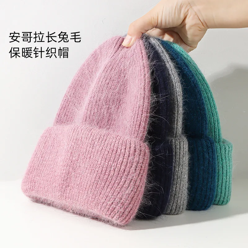 Zimowa ciepła czapka beanie z angory dla kobiet dziewczynki futro królika puszyste czapki z dzianiny nauszniki miękkie ciepłe SKI śnieg Outdoor Skullies