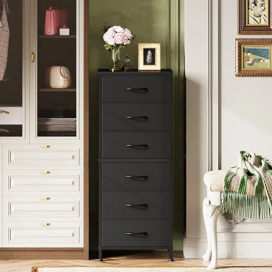 ตู้เสื้อผ้าสีดำทรงสูงสำหรับห้องนอน, ตู้ลิ้นชัก 6 ชั้น, ตู้ลิ้นชักผ้าสำหรับตู้เสื้อผ้า, ห้องนั่งเล่น, โต๊ะข้างเตียง