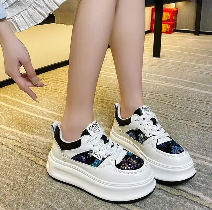 6CM Air Mesh Genuine Leather Summer Bling Mixed Color Fsahion Ankle Boots Hollow Chunky Sneaker Vulcanize Women Shoes - view 5