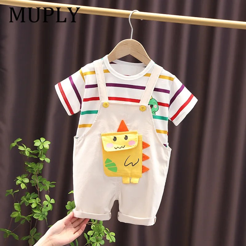 Boys Summer 2 Pieces Clothes Set Colorful Stripe Short Sleeve T‑Shirt Dinosaur Overalls Shorts Kids Clothing Sets Casual Toddler