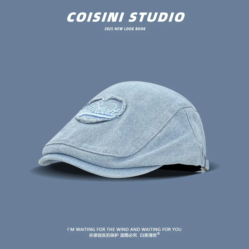 

Y2K Personality Love Letter Embroidery Denim Berets for Women Summer Autumn Travel Sunscreen Versatile Literary Painter Hats