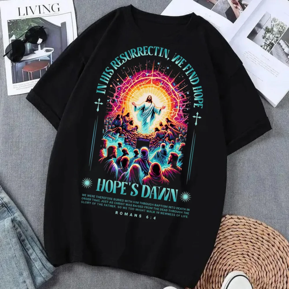 T-shirt graphique d'art chrétien Résurrection Espoir Jésus-Christ Lumineux T-shirt religieux Vêtement décontracté à thème de foi pour hommes et femmes