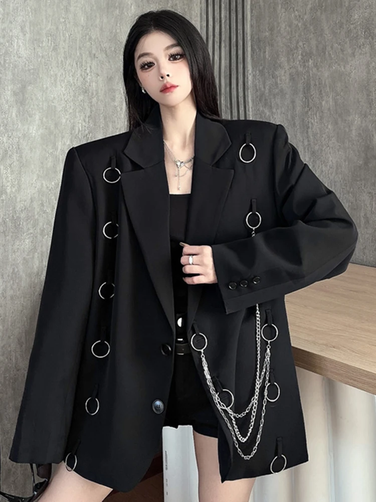 YERMORA Black Metal Chain Casual Blazer For Women Lapel Long Sleeve Loose Fit New Jacket Fashion Tide Spring Autumn 2025 A813