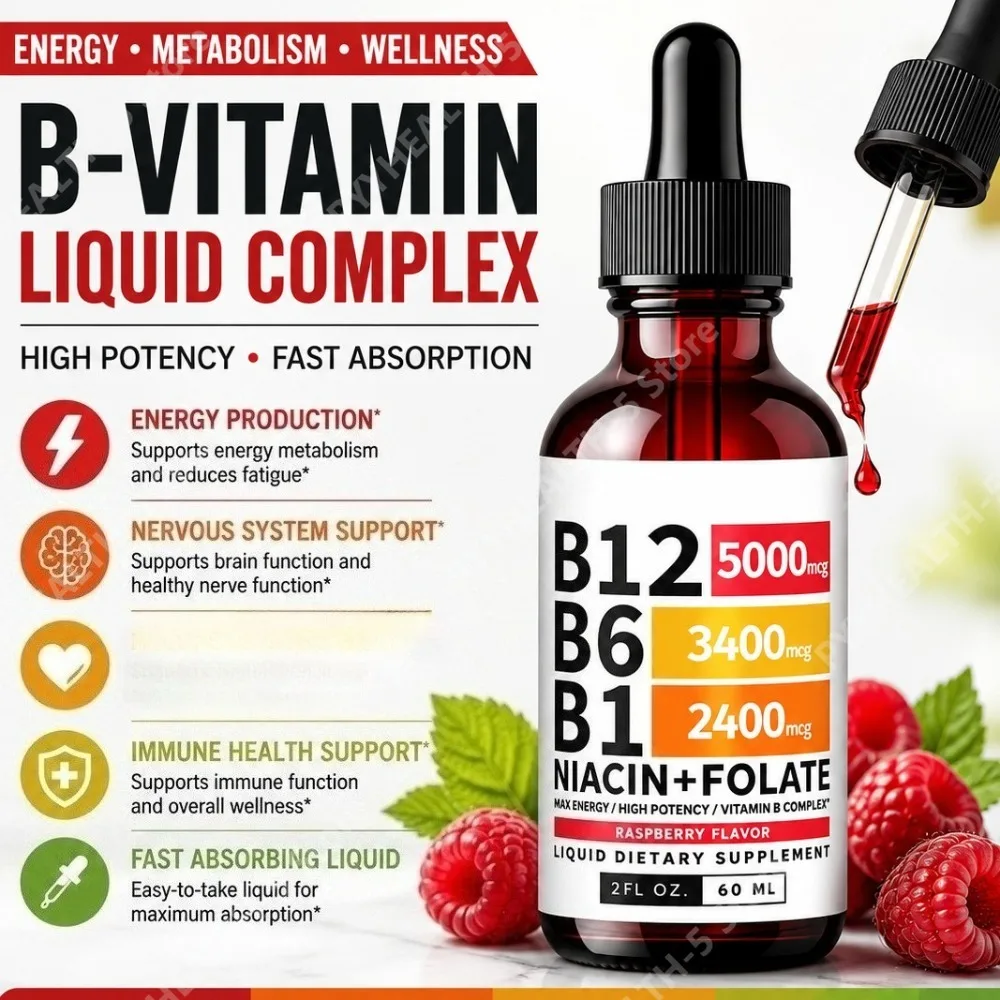 Vitamin B12 Liquid Drops 5000mcg with B6 B1 Folate Raspberry Flavor B Complex Daily Energy Support 60ml