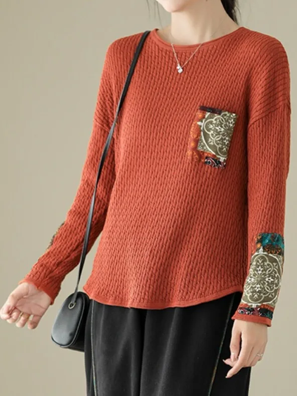 Autumn New Style Loose Long Sleeve Knitted Sweater Cotton Thread Ethnic Patchwork Women's Retro Artistic Oversized Hoodie