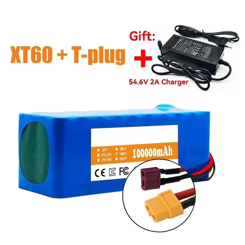 With XT60+T Plug BMS + 54.6V 2A Charger 13S2P 48V 10Ah Lithium Battery for Electric Motorcycles Scooters Mobility Scooters