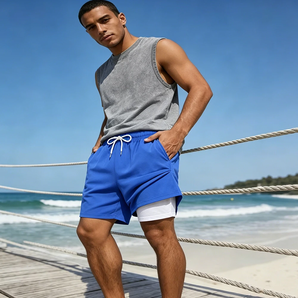 

Summer Casual Tracksuit Men's Vintage Washed Sleeveless Tank Top Double Layer Compression Liner Drawstring Beach Shorts 2 Pieces