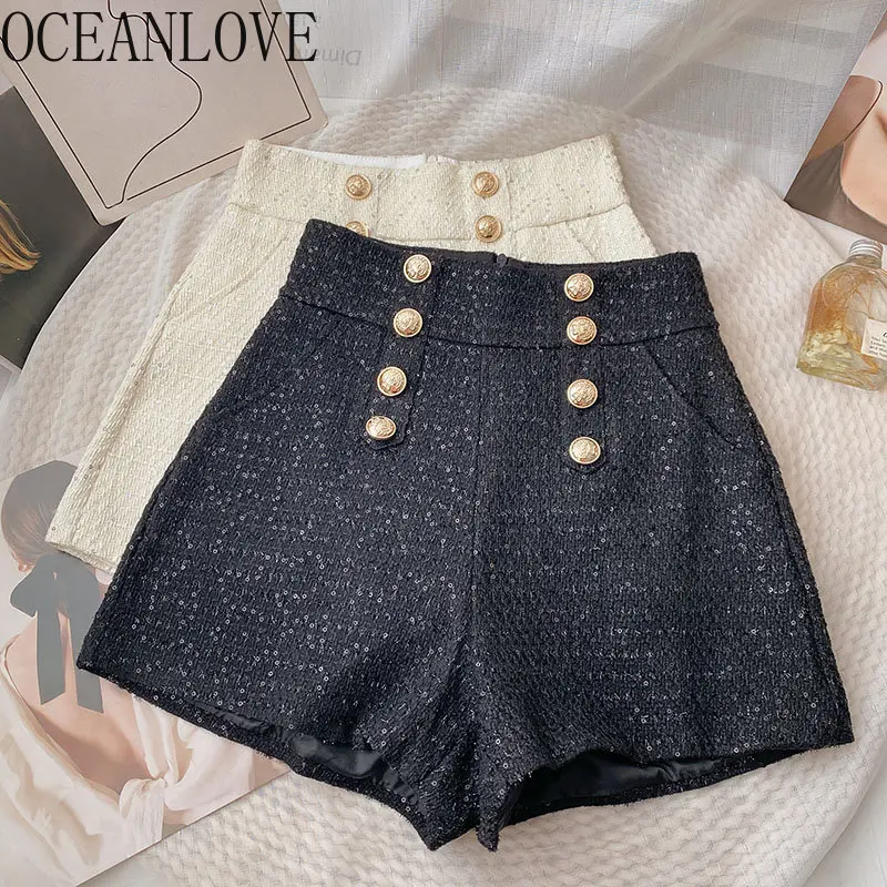 OCEANLOVE Tweed Shorts Women Buttons High Waist Solid Autumn Winter All Match Pants Korean Fashion Wide Leg Shorts Femme