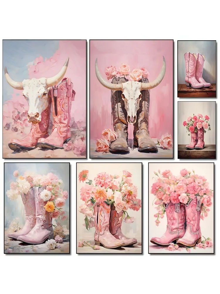 Bottes de Cowgirl à fleurs roses, crâne de taureau de vache, affiches et imprimés occidentaux, impression sur toile, tableau d'art mural pour décoration de salon et de maison