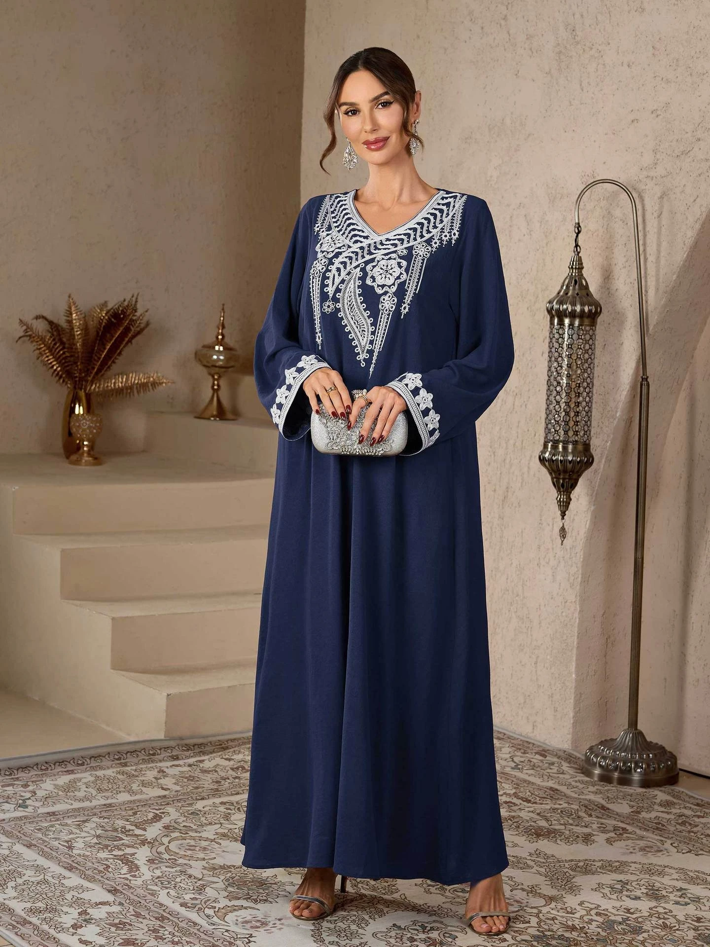 

Ближний Восток Sle Loose Long Sve Embroidered Dr Faionable Casual Ele V-Ne Maxi Dr для свиданий и повседневного ношения