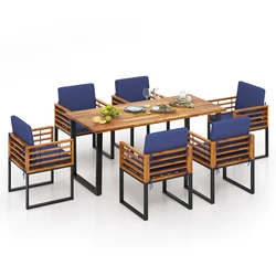 7pcs Patio Acacia Wood Dining Chair & Table Set Heavy-Duty Space-Saving Outdoor