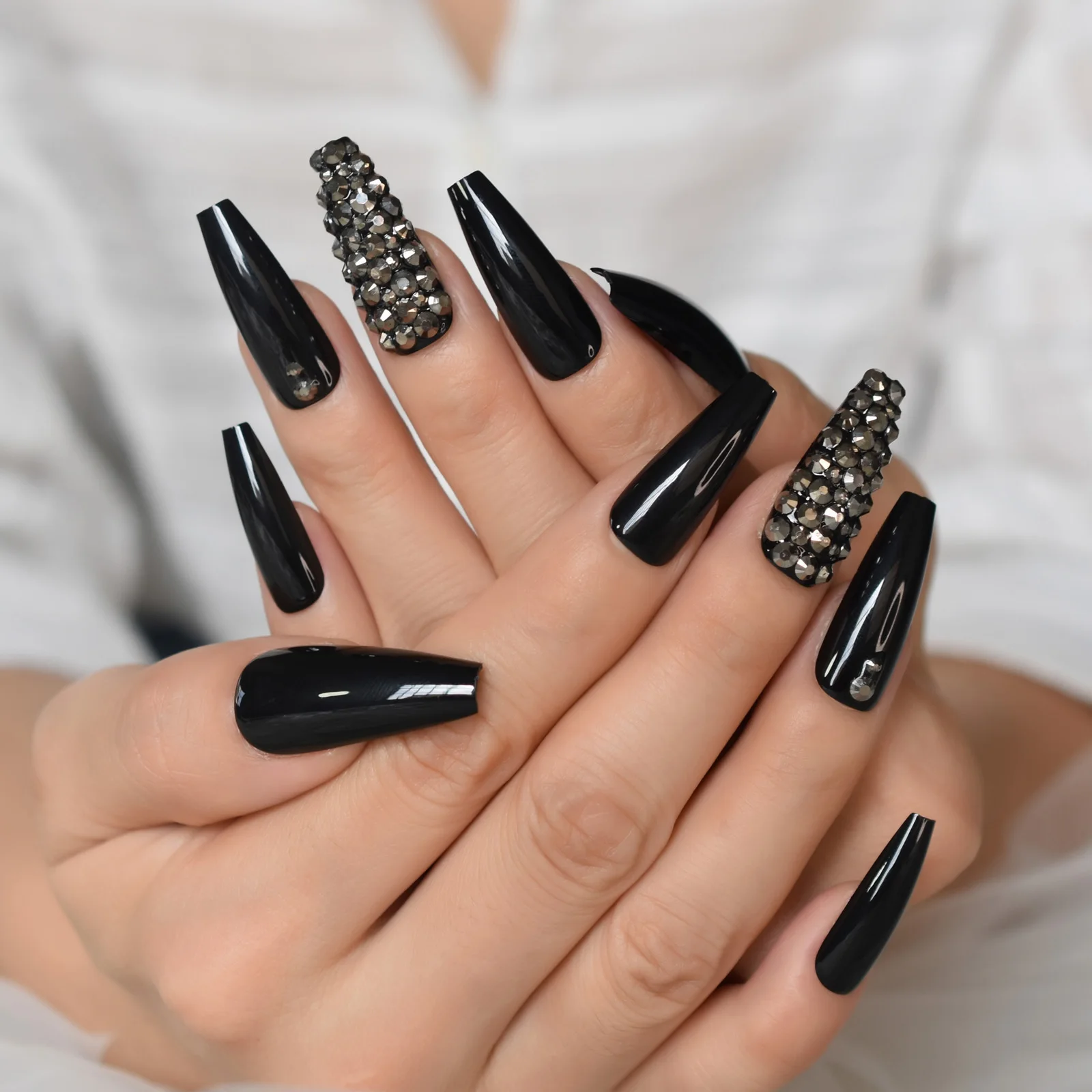 Metaliczny kamień sztuczne paznokcie szare cyrkonie dekoracyjne bardzo długie baleriny czarne sztuczne paznokcie zaprojektowane porady dla pani