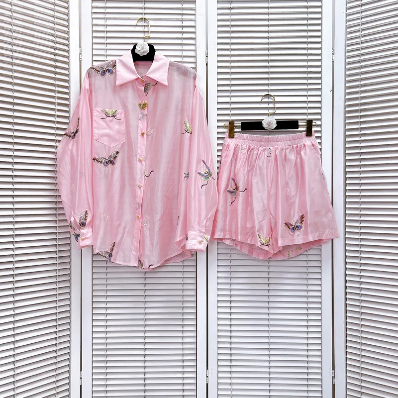 2024 Summer New Embroidery Light Pink Shirt Shorts Suit Women Classic Butterfly Decorative Buttons Shirts Top Shorts 2-Piece Set