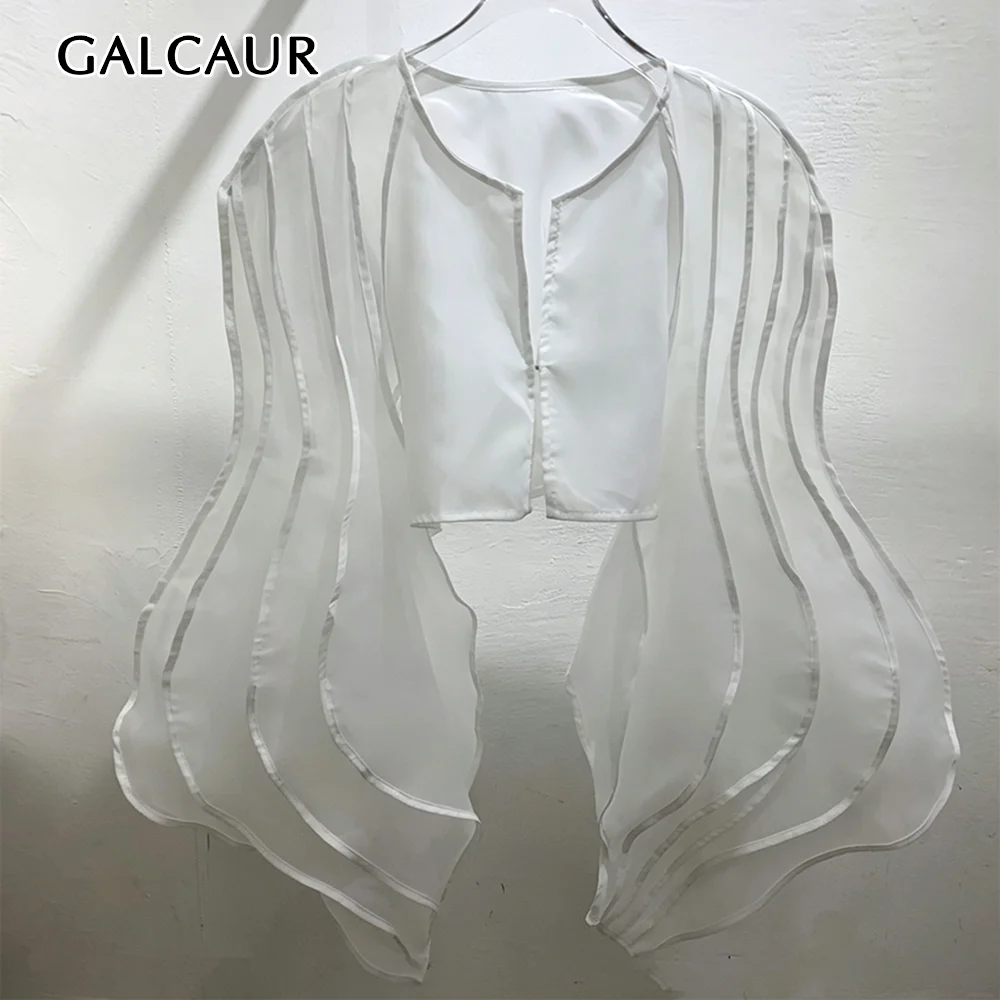 GALCAUR Sheer Spliced Ruffle Loose Blouse for Women Round Neck Cape Sleeve Patchwork Multiple Layers Mesh Blouses Female Fashion