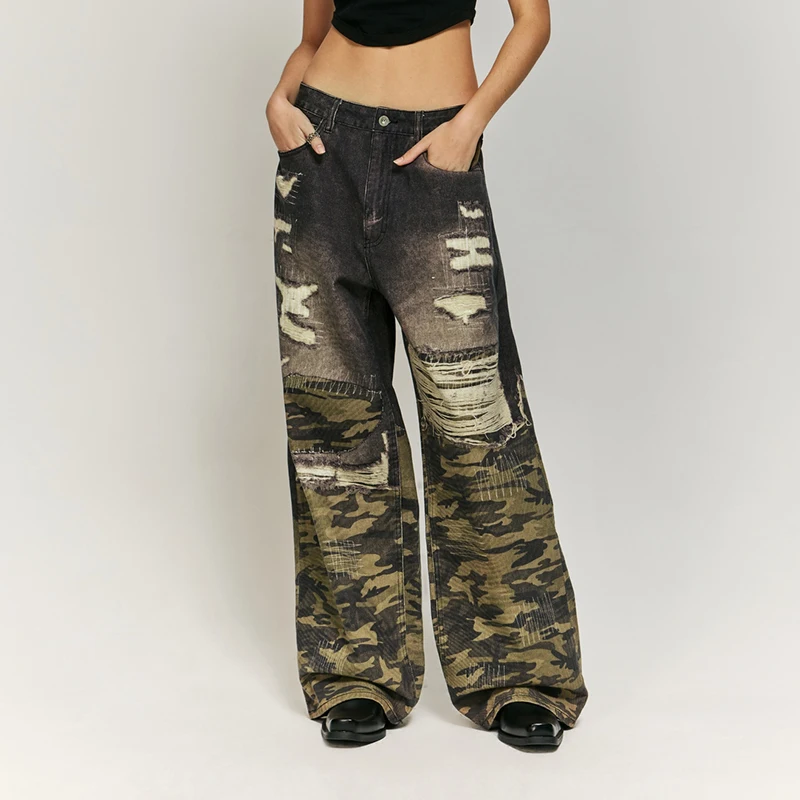 American Style Retro Washed Camouflage Stitching Ripped Jeans Men & Women Trendy Hip-Hop Street Loose Wide Leg Mop Pants