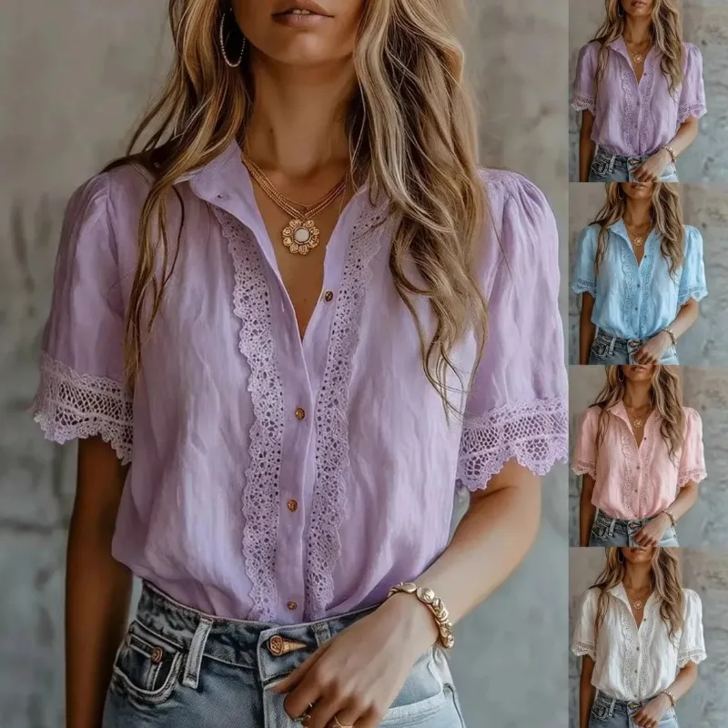 

2026 Solid Basic Casual Blouses Elegance Short Sleeve Lapel Button Up Office Tops Luxury Femal Clothing Women's Lace Shirts