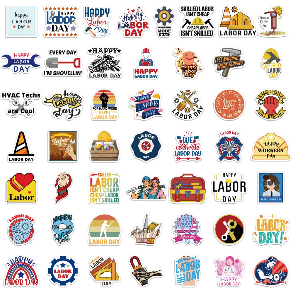 50PCS Fun Cartoon Labor Day Graffiti Stickers Notebook Water Bottle Luggage Notebook Phone Waterproof Decorative Stickers