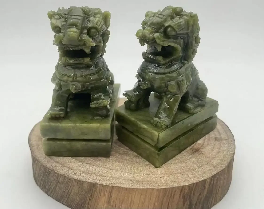 free Rare A pair 100% China natural jade hand-carved statues fo dog lion high 7cm