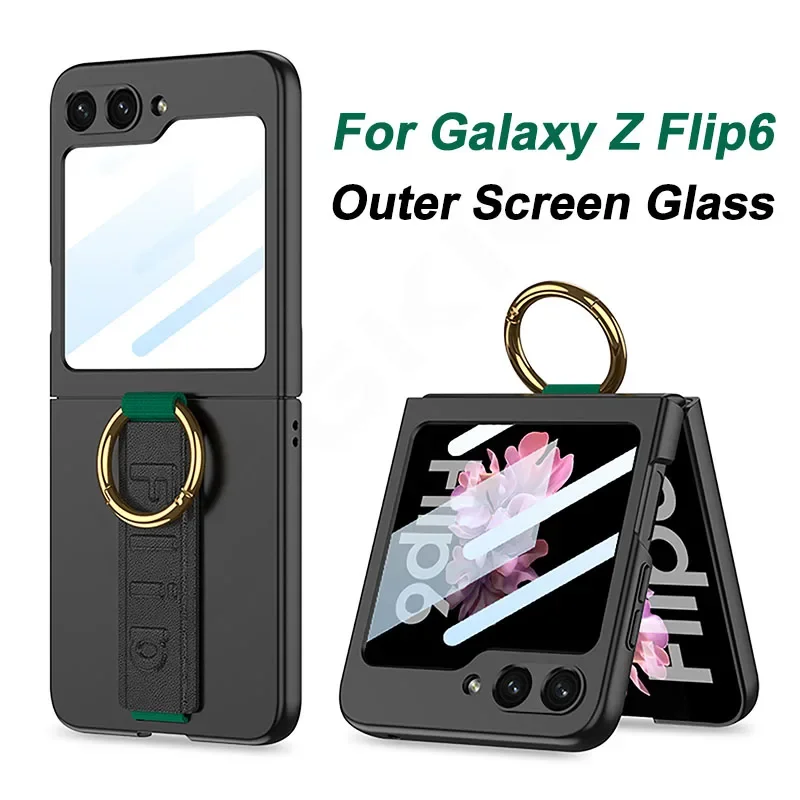 

Back Screen Glass Wrist Strap Case For Samsung Galaxy Z Flip 6 Leather Wristband Plastic Hard Cover For Galaxy Z Flip 5 4 3 Case