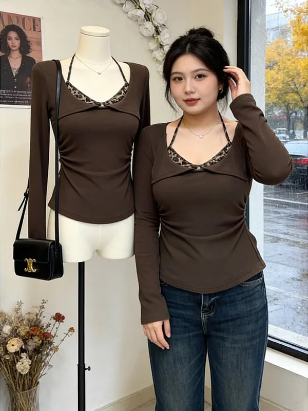 

Женский облегающий топ больших размеров с леопардовым принтом, осенне-зимняя модная новинка