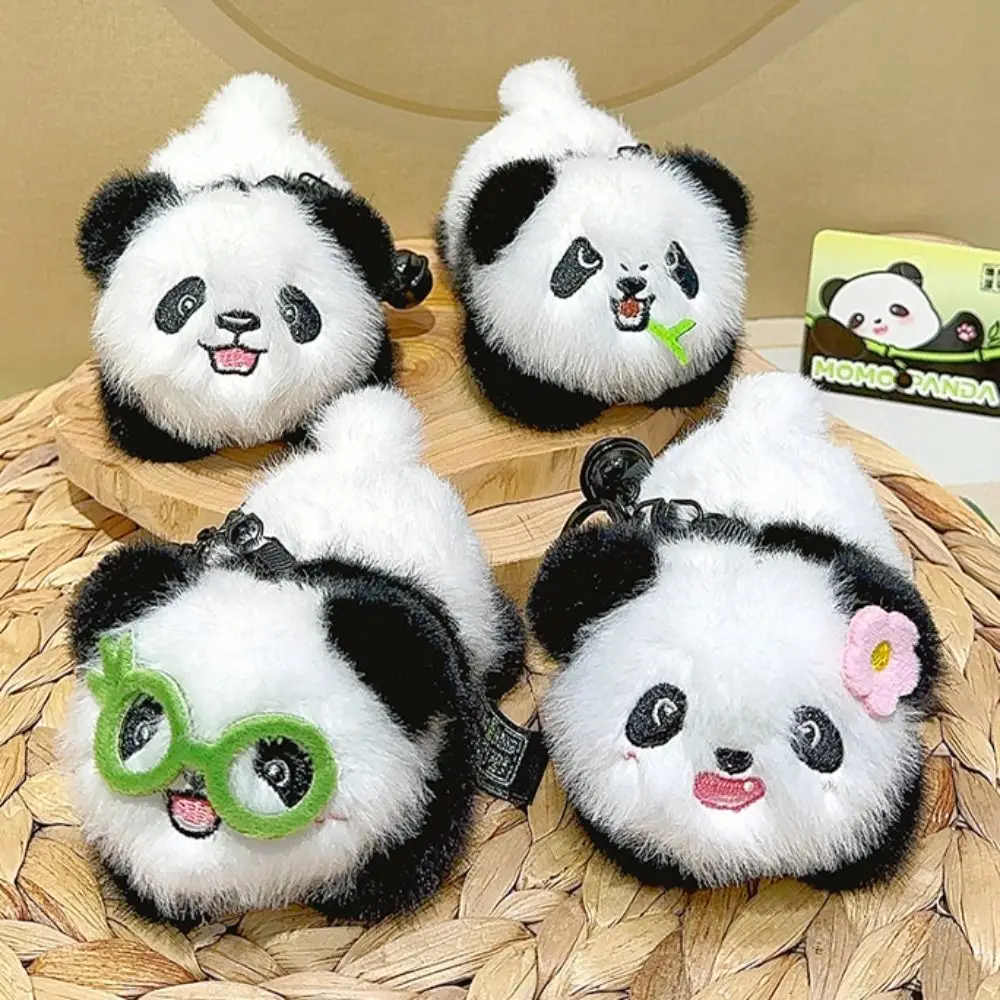 Portable Bamboo Panda Keychain Flowers Cute Doll Bag Pendant Fluffy Plush Car Key Ring Student