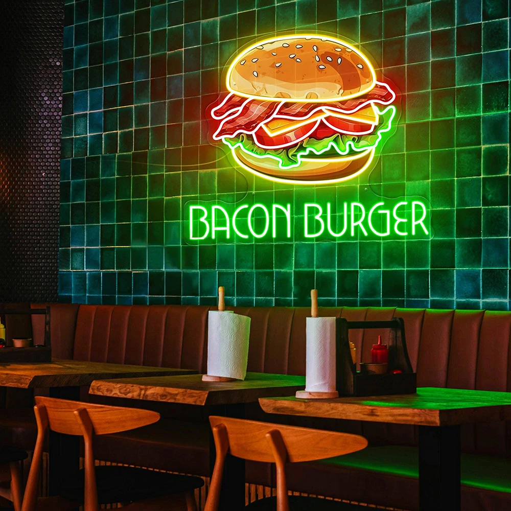 Bacon Burger Neon Sign Burger Shop Neon Light Restaurant Kitchen Fast Food Store Wall Decor Personalized Custom Led Neon Sign