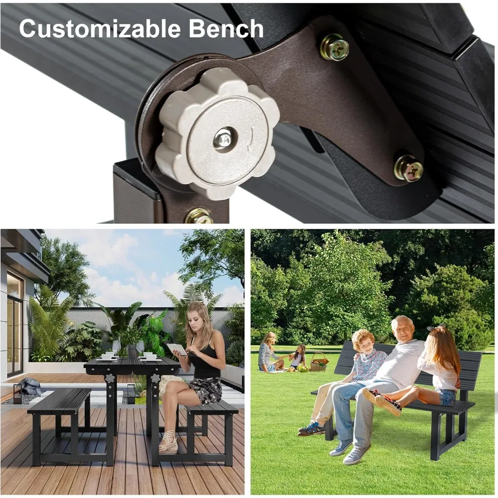 Banco de mesa de picnic de aluminio de 47 pulgadas, banco negro para exteriores cubierto con capacidad de peso de 400 libras para parque, jardín y