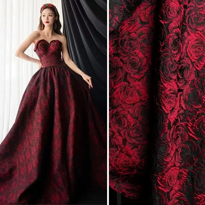 1x1.55cm Embossed Black Dark Red 3D Rose Jacquard Yarn Dyed Fabric for Women's Dress Suit Bag Clothing Sewing