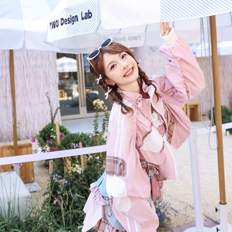 Spring Autumn Design Pleated Plaid Color Block Women's Coat New Bowknot Ruched Loose Short Colorful Sweet Cool Jacket Ladies