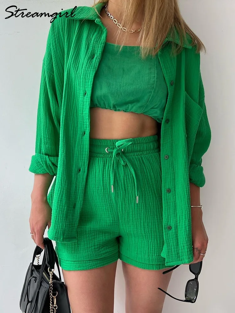 Oversize Shirt And Shorts Sets For Women Spring Womens Two Peice Sets Cotton Loose High Waist Shorts With Shirts Sets Women 2023