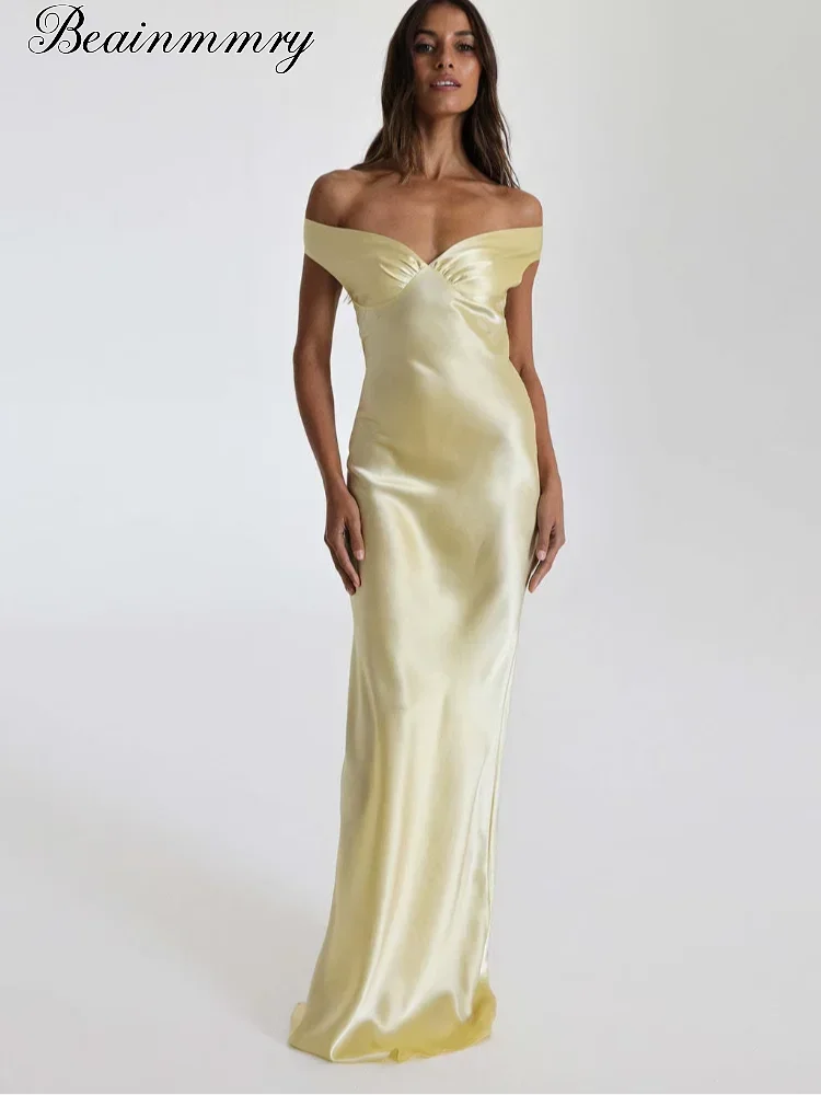 Elegante witte satijnen maxi-jurk met off-shoulder halslijn, tailleband, mouwloos, 2026, nieuwe avondjurk