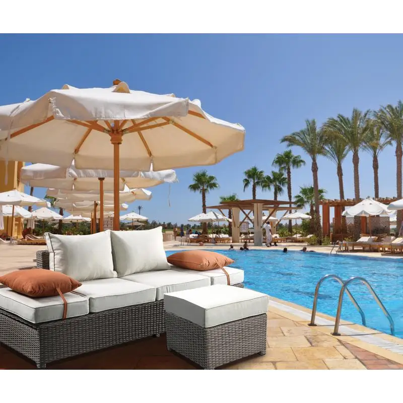 

Beige Fabric & Gray All-Weather Wicker Patio Sofa Set with Ottoman & 2 Throw Pillows