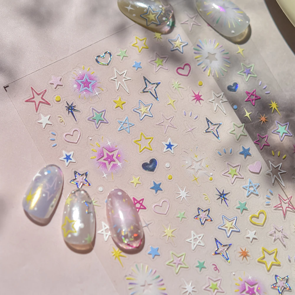 Charmante hohle Sterne, Liebesherz, geometrischer fünfzackiger Stern, selbstklebende 5D-Nagelkunst-Dekorationen, Aufkleber, glänzender Maniküre-Aufkleber