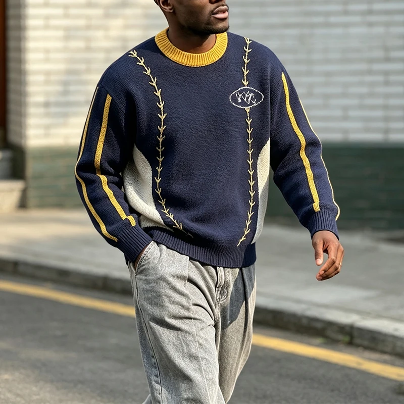 Streetwear Contrast Color Knit Sweater Mens 2026 Autumn Winter O Neck Long Sleeve Pullover Fashion Loose Knitting Tops Mens