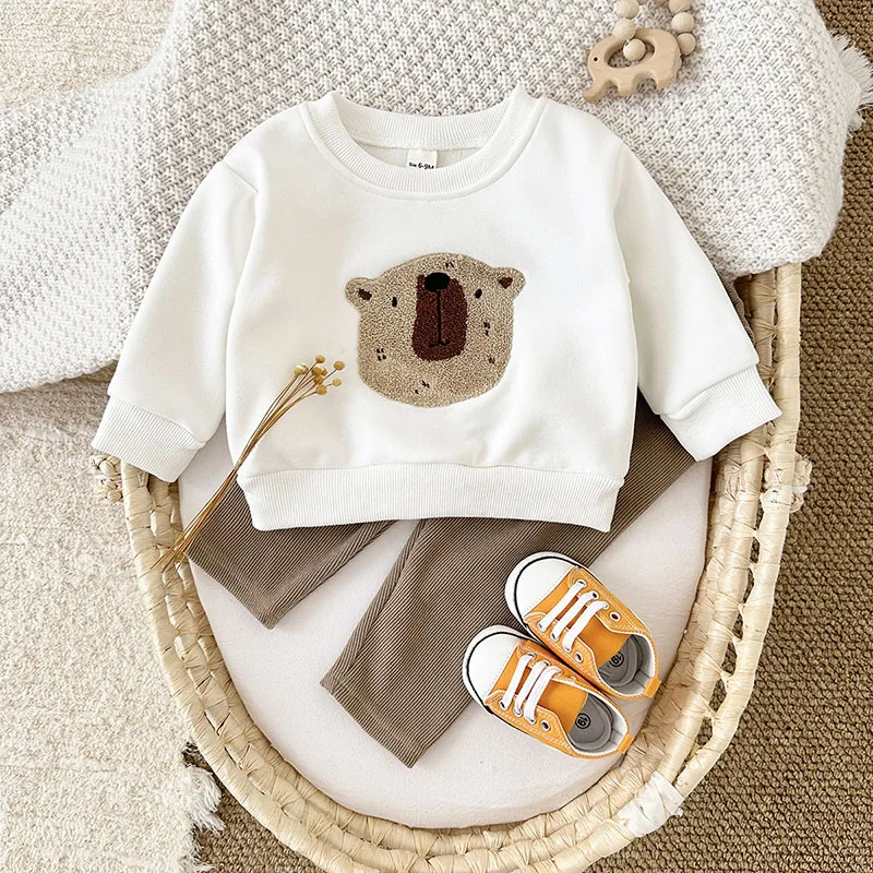 MILANCEL New Autumn Baby Clothes Set 6M-3T Cute Bear Fleece Padded Toddler Girls Hoodie +Pants Infant Leisure Outfit 2PCS