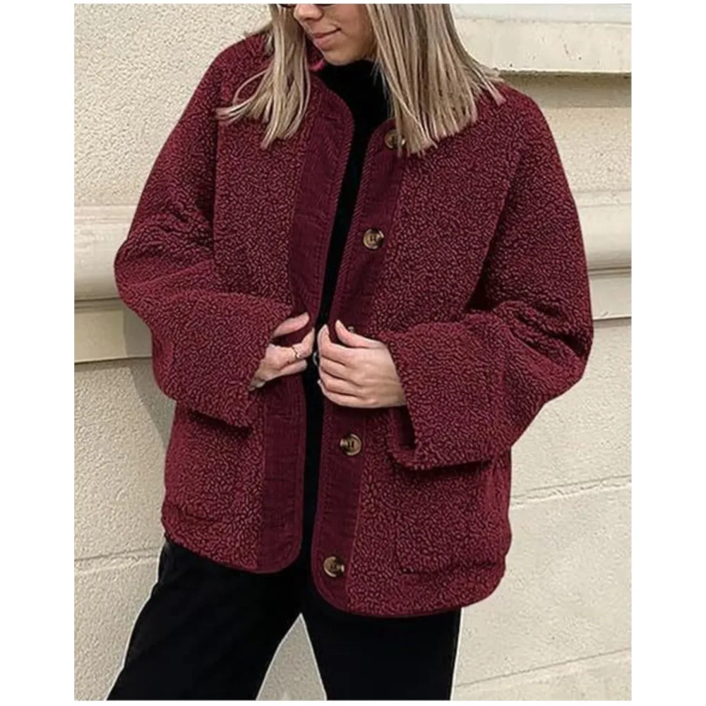 

2025 Women's Warm Winter Jacket Solid Color Loose Collarless Casual Long Sleeve Button Plush Lambmere Jacket Coat Women Clothing