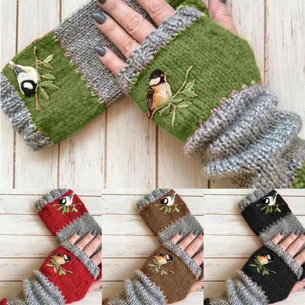 Durable Knitted Knitted Gloves Bird Embroidery Cotton Fingerless Mittens Gift Warm Touch Screen Mittens Winter