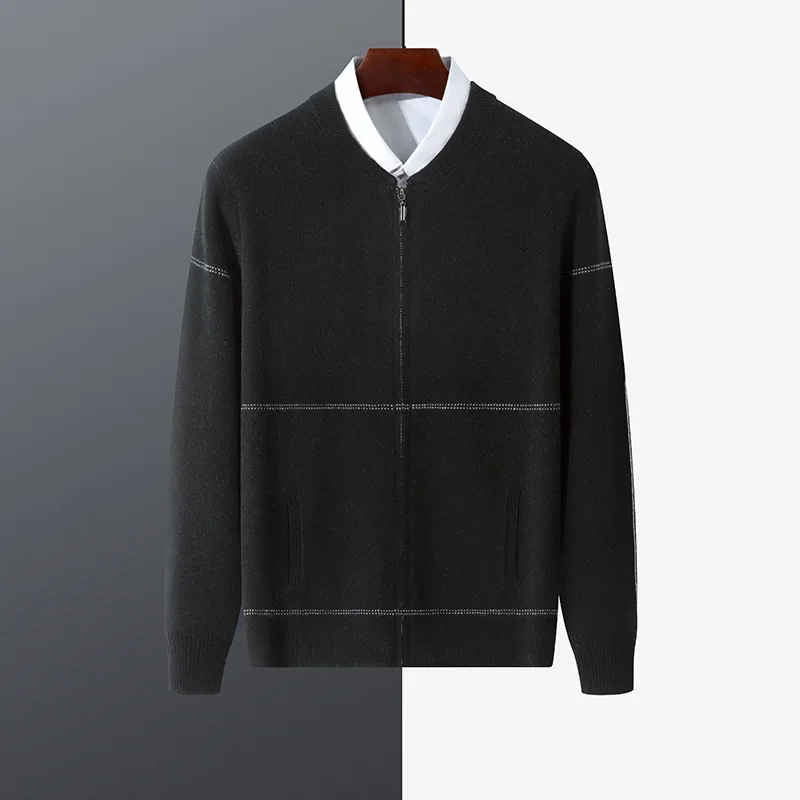 Autumn And Winter 100% Wool Cardigan Men's Round Neck Solid Color Zipper Sweater Business Casual Padded Knit Bottoming Coat