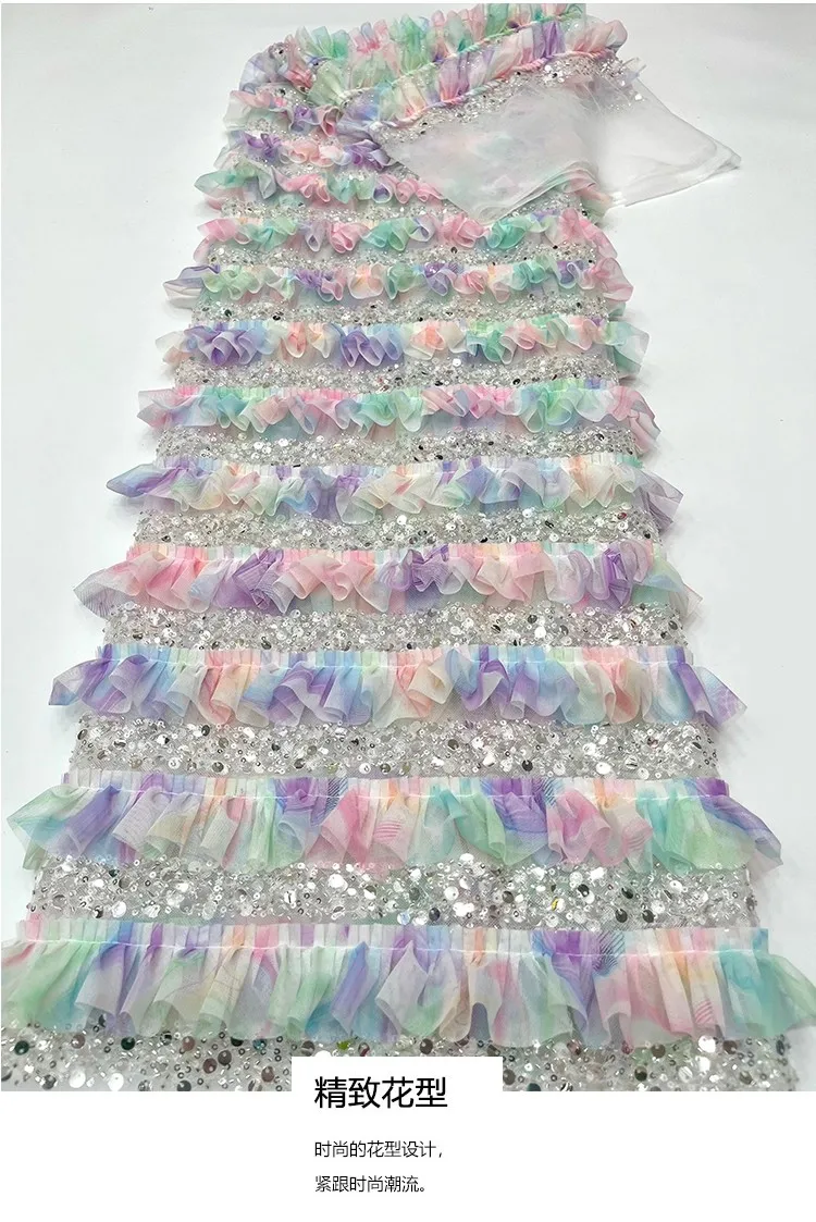 

1 ярд, новая марлевая ткань для одежды, изысканная плиссированная ткань с цветочным принтом и вышивкой блестками, ткань для свадебного платья