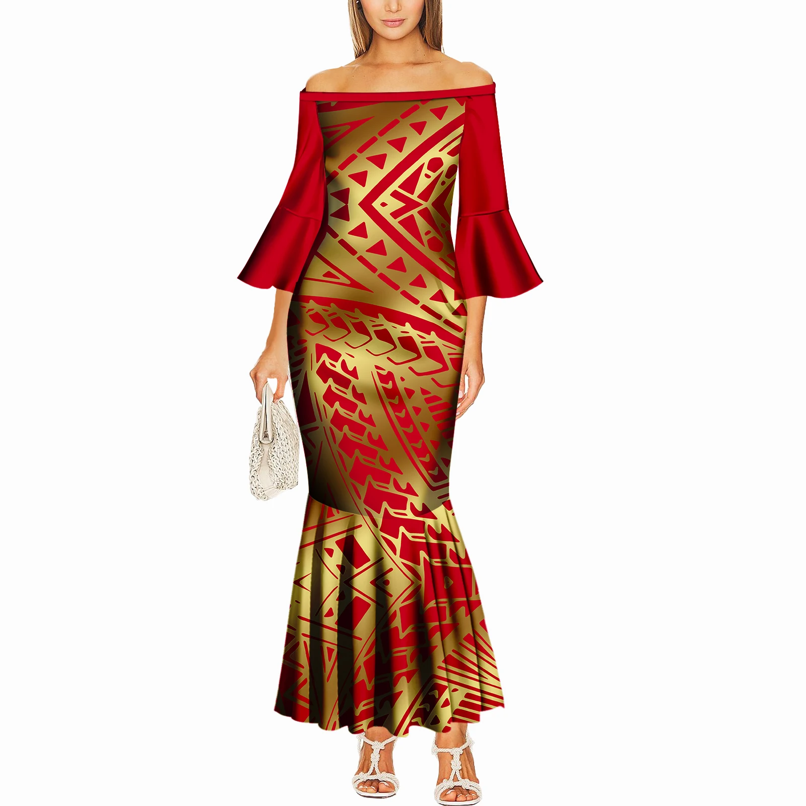 

Sexy Off-The-Shoulder Fishtail Dress Hawaiian Lady'S Flared Sleeve Long Dress Custom-Made High-Quality Evening Dress