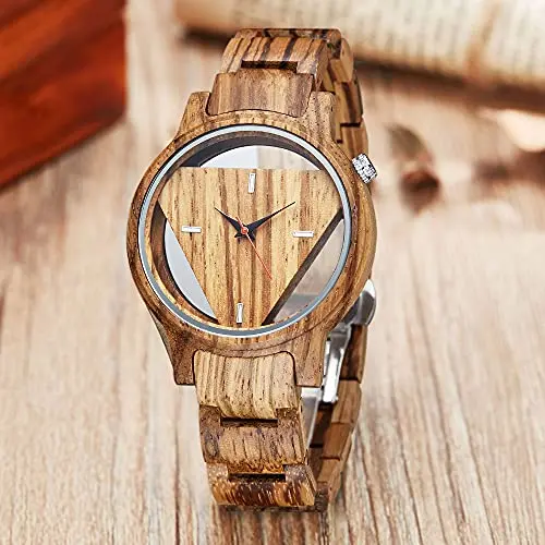 Reloj de cuarzo de madera para hombres y mujeres, reloj de moda de negocios, accesorios de moda callejera, hueco, triángulo marrón