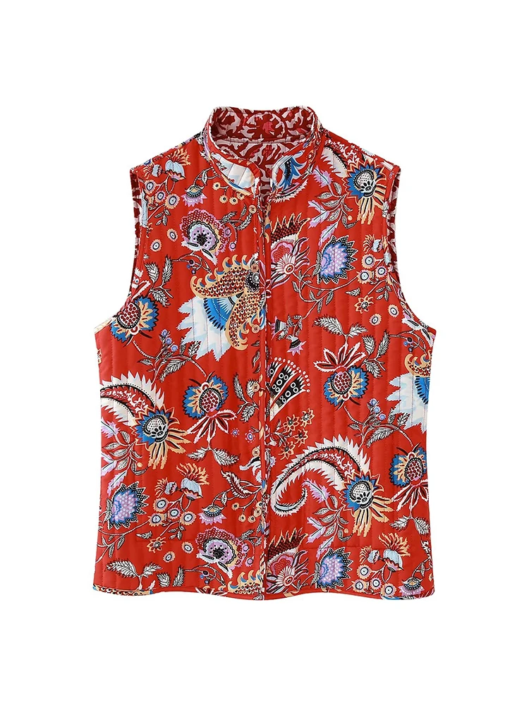 YENKYE Vintage Women Print Reversible Quilted Vest Single Breasted Sleeveless Female Autumn Waistcoat