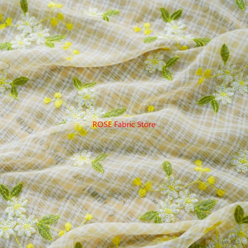 Yellow striped plaid flower embroidered chiffon Fabric For Blouse, Party Dress, Wedding Fabric, Princess Dress, Sewing Material