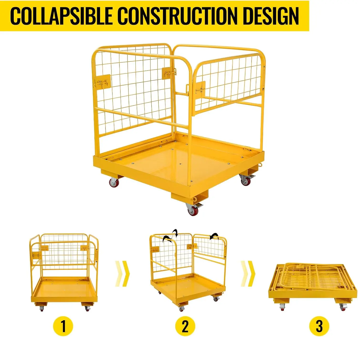 Jaula de seguridad para montacargas de 36 x 36 pulgadas, cesta para hombre con capacidad de 1200 libras, plataforma de trabajo para montacargas plegable con 4 ruedas