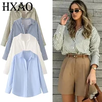 HXAO 2025 blusas de mujer camisas de rayas largas mujeres Primavera Verano camisa blanca azul de manga larga mujer Tops grandes camisas con botones
