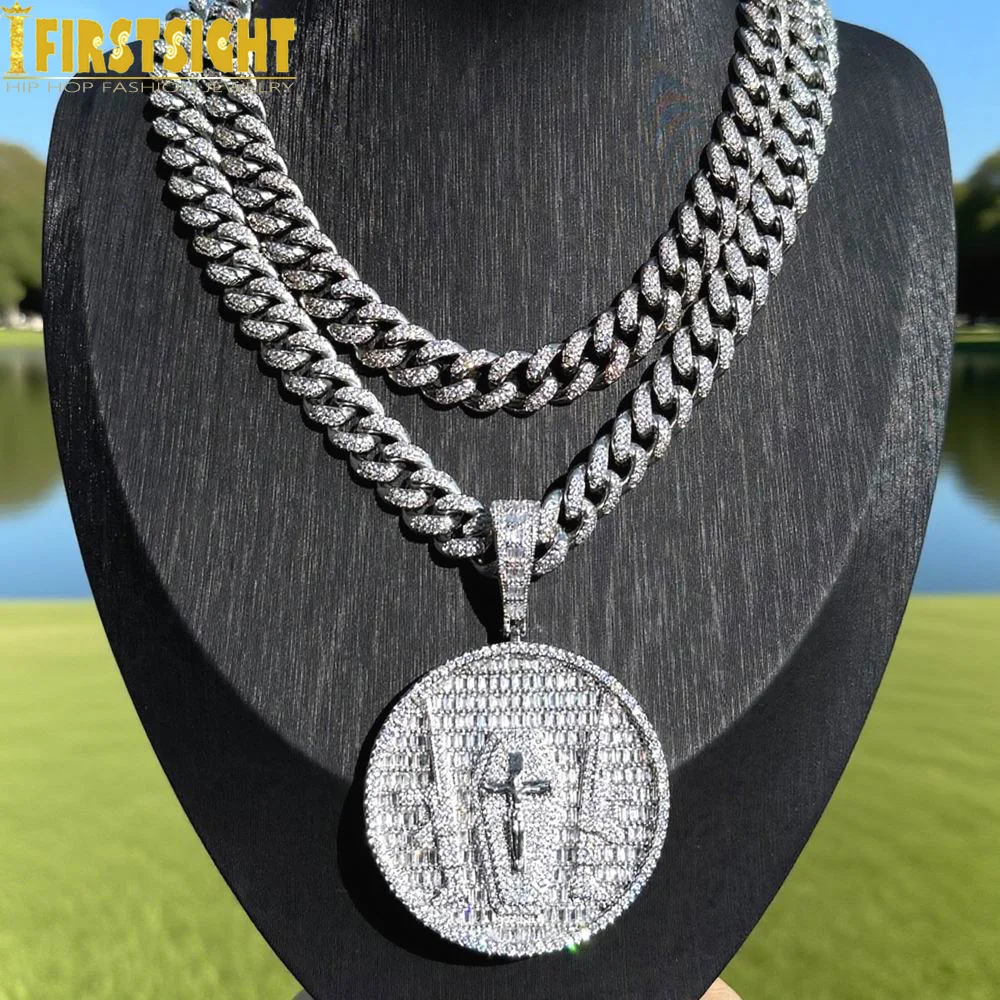 

2025 New Gun Jesus Pendant Necklace Iced Out Bling Silver Color With 12MM Cuban Chain CZ Cross Round Charm Men Hip Hop Jewelry