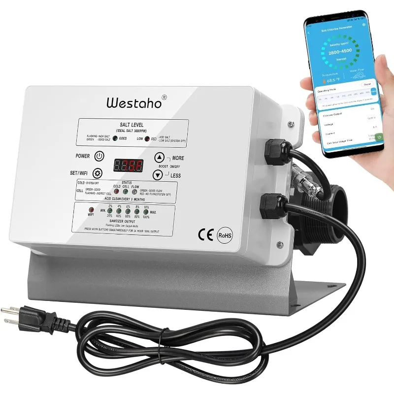 Generador de cloro, sistema de cloración de sal Westaho con control remoto por aplicación, celda de sal de titanio de EE. UU., para sobre el suelo