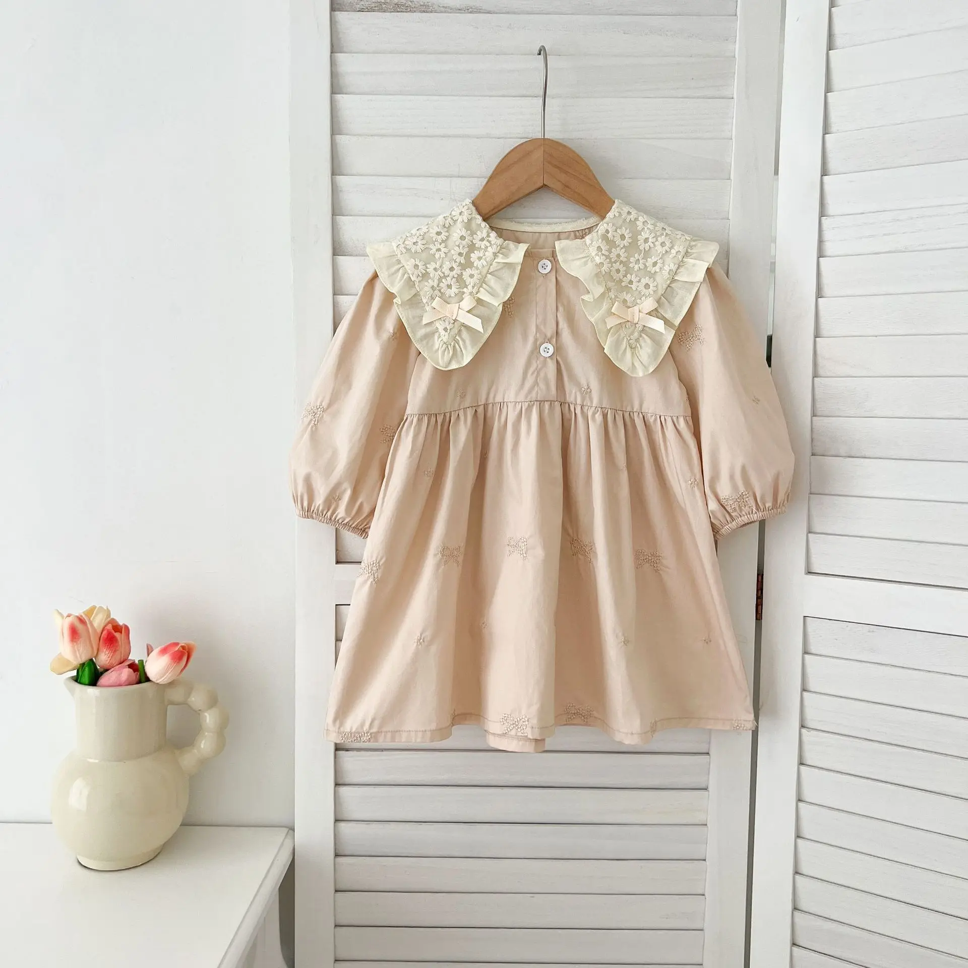 Frühling Schwestern Kleidung Mädchen Bogen Stickerei Spitze Kleidung Baby Strampler Baumwolle Säuglings Body Prinzessin Mädchen Schwester Familie Kleid – Detail 4